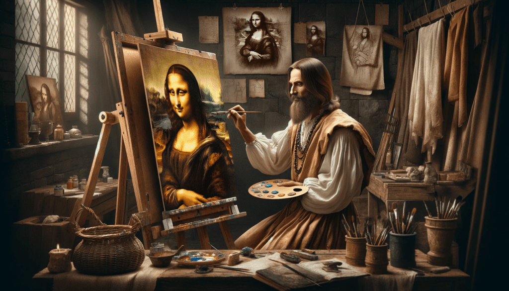 Leonardo da Vinci painting the Mona Lisa